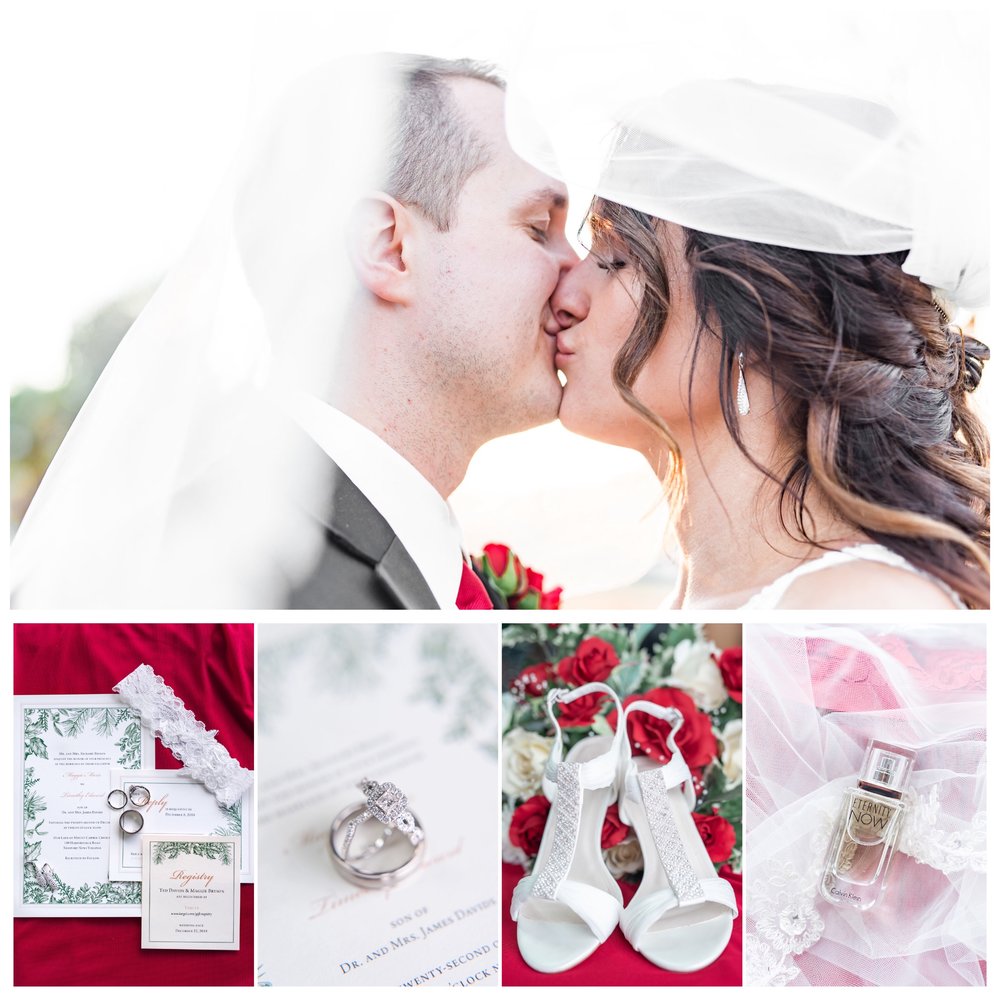  Wedding images of bride and groom kissing during their Christmas themed wedding. 