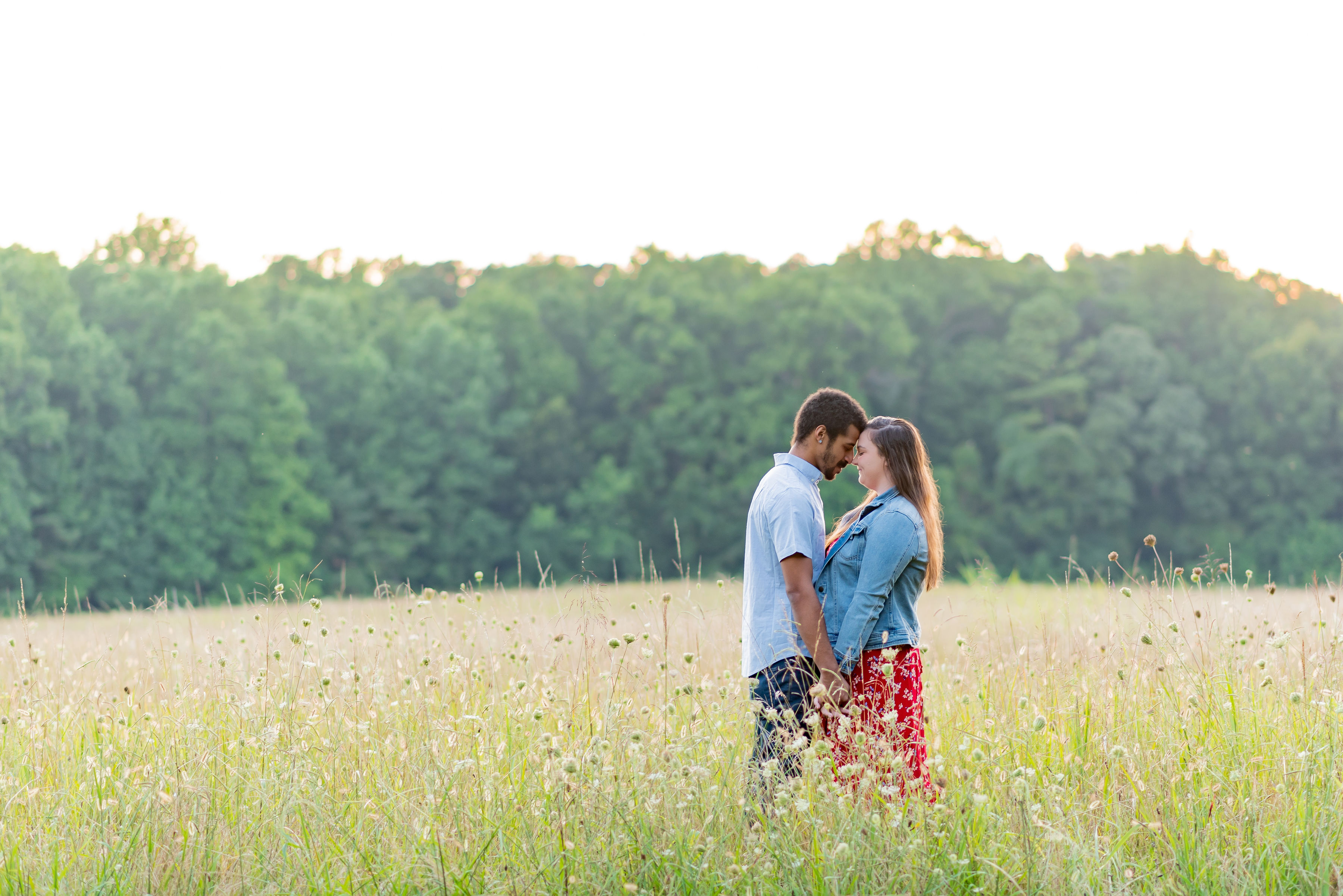 engaged couple in a grassy field